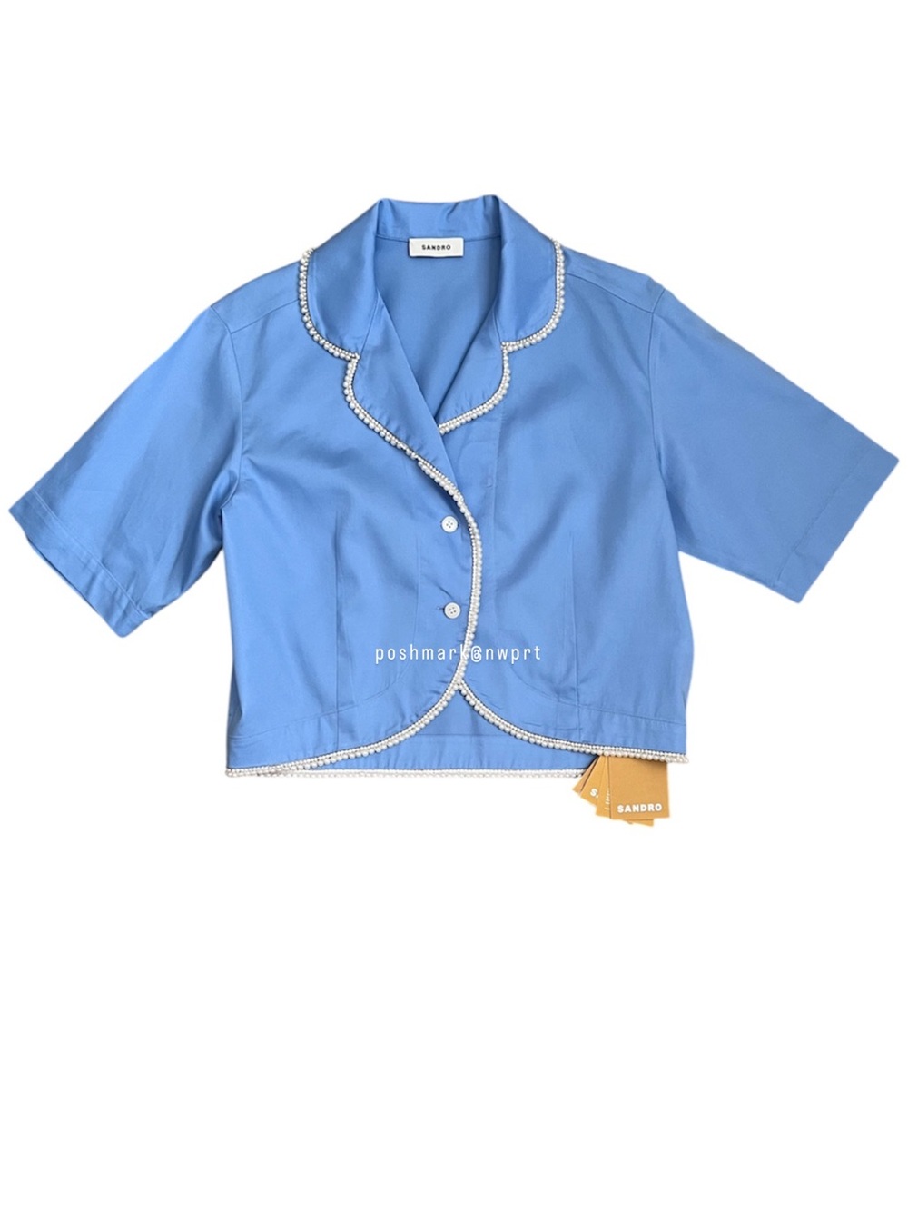 NWT 💯 SANDRO Paris Pearl Rhinestone Beaded Cotton Blouse Top Shirt Blue 34 0 XS - Picture 5 of 12